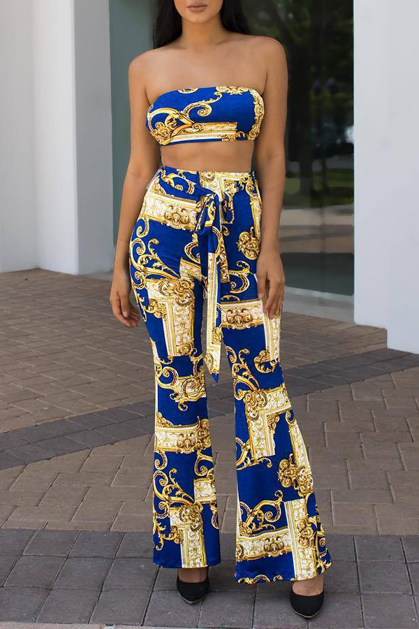 

Lovely Sexy Printed Blue Two-piece Pants Set