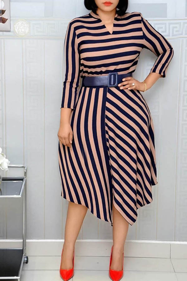 

Lovely Casual Striped Coffee Mid Calf Plus Size Dress, Caffeine stripes