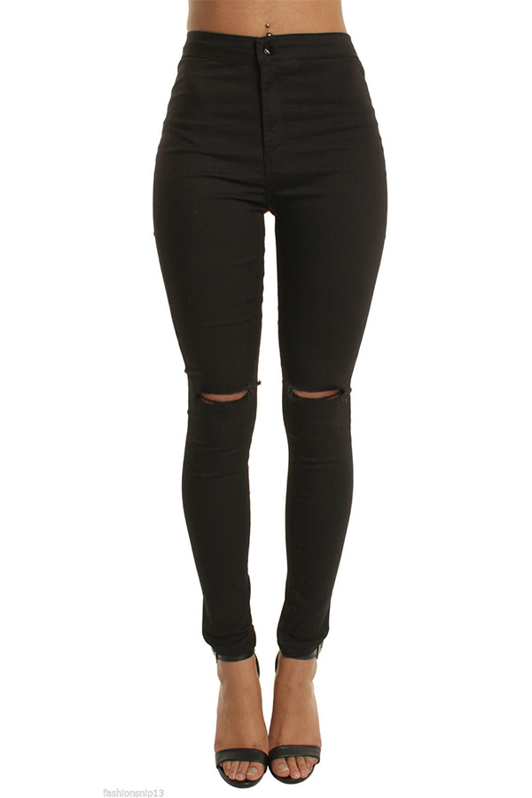 

Lovely Casual Broken Holes Black Pants