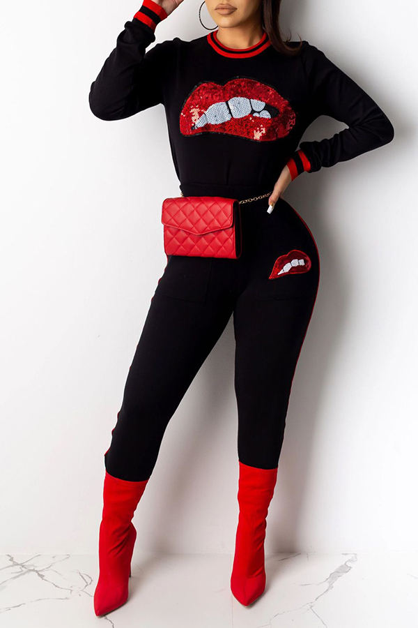 

Lovely Casual Lip Black Two-piece Pants Set