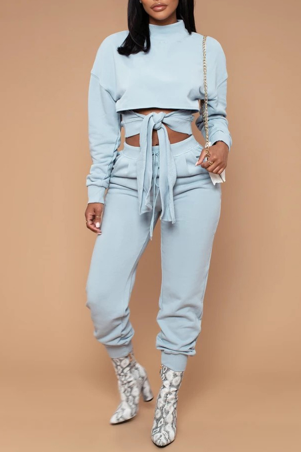 

Lovely Casual Turtleneck Lace-up Baby Blue Two-piece Pants Set