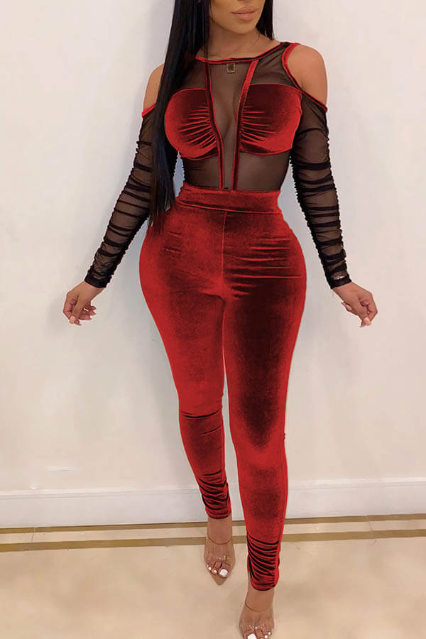 Lovely Sexy See-through Wine Red One-piece Jumpsuit