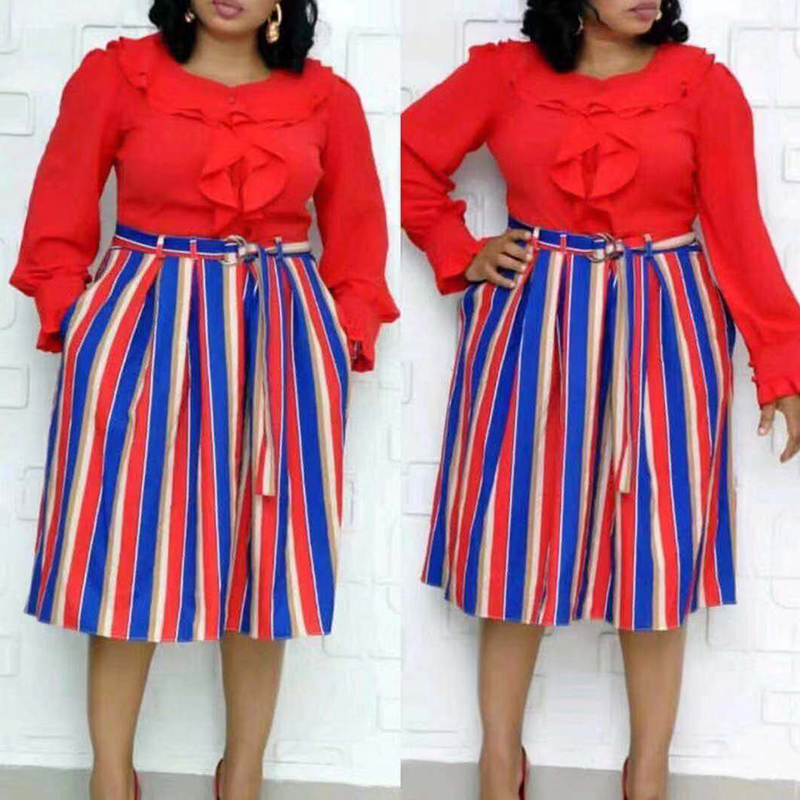 Cheap Plus Size Dress Lovely Casual Striped Red Mid Calf Plus Size Dre