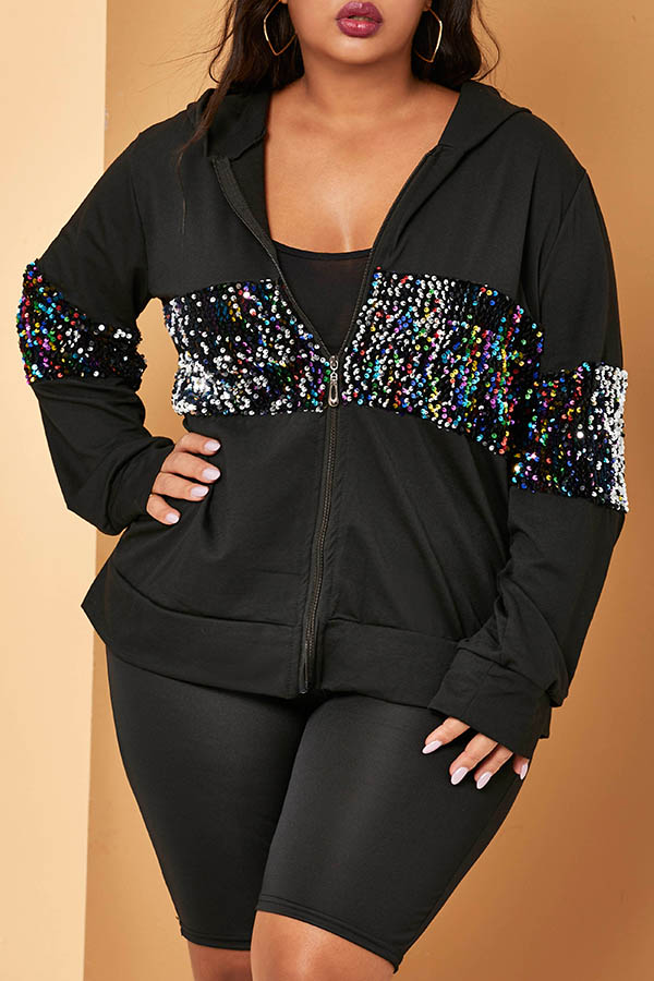 

Lovely Casual Sequined Black Plus Size Coat