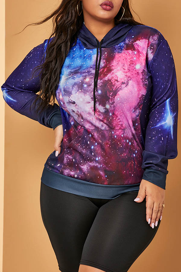 Cheap Plus Size Hoodies Lovely Trendy Printed Blue Plus Size Hoodie