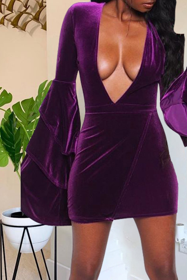 Lovely Party Deep V Neck Purple Mini Dress