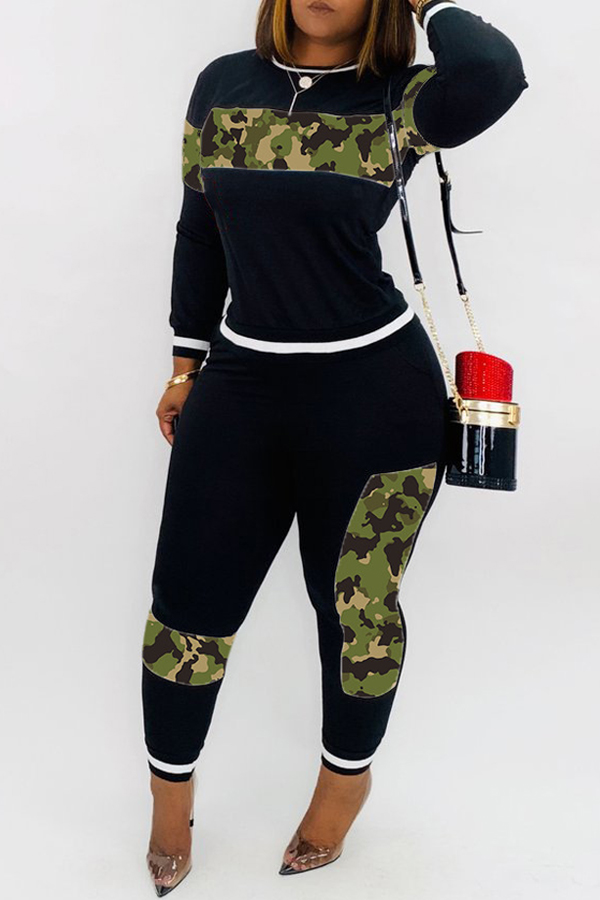 

Lovely Casual Patchwork Camouflage Printed Green Two-piece Pants Set