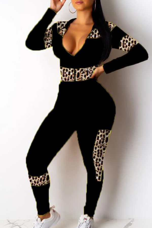 

Lovely Casual Patchwork Hooded Collar Black Two-piece Pants Set
