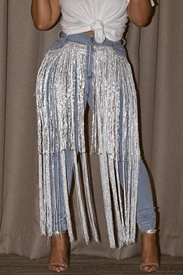 

Lovely Trendy Tassel Design Blue Jeans