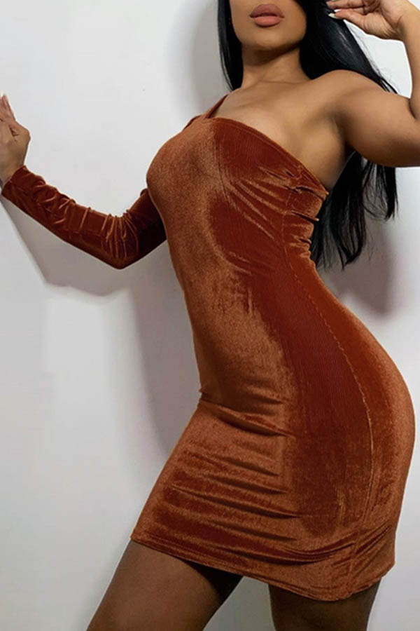 Cheap Dress Lovely Sexy One Shoulder Brown Mini Dress