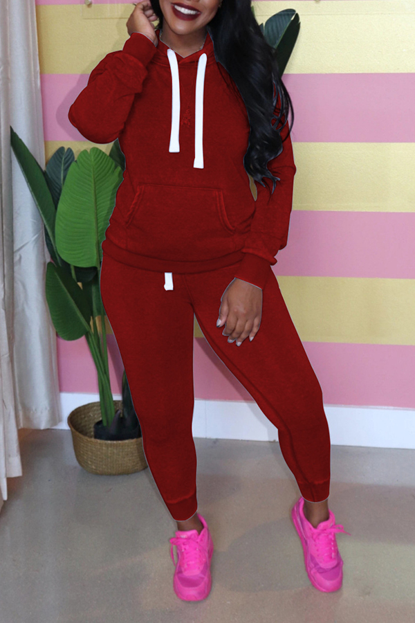 

Lovely Casual Hooded Collar Wine Red Two-piece Pants Set
