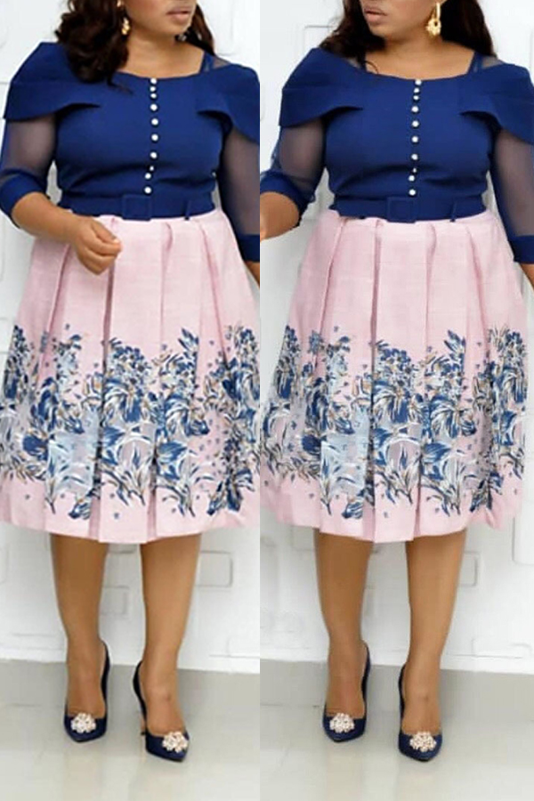 

Lovely Casual Printed Dark Blue Knee Length Plus Size Dress