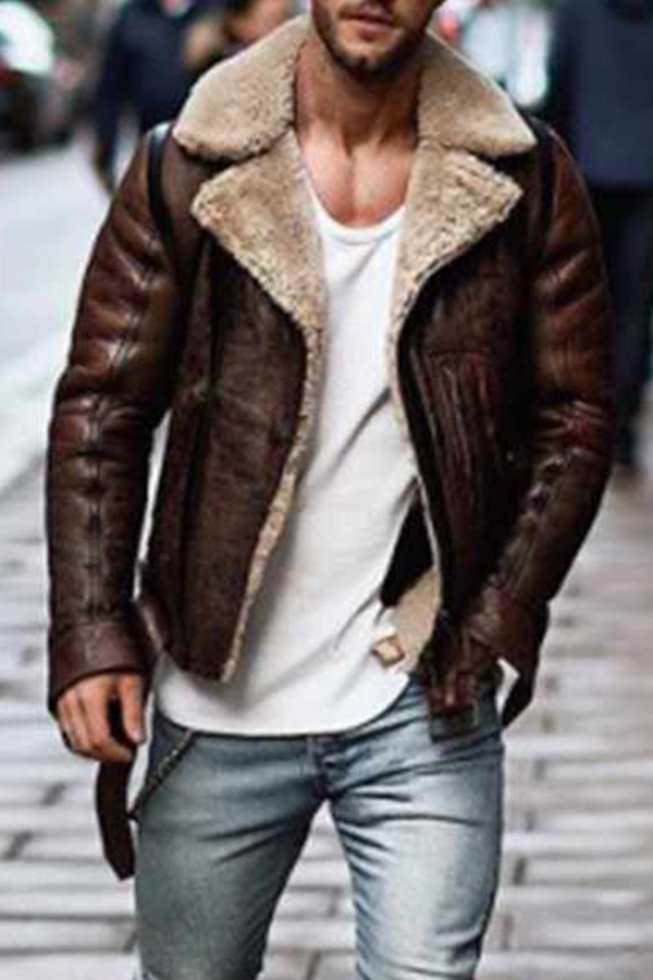 

Lovely Casual Turndown Collar Brown Leather