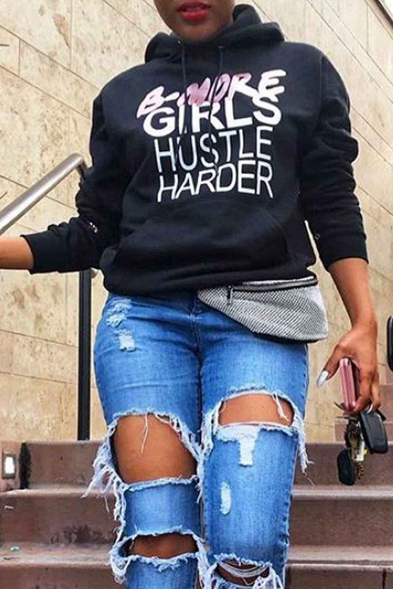 

Lovely Casual Hooded Collar Letter Printed Black Hoodie