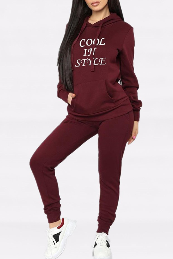 Cheap Two-piece Pants Set Lovely Casual Letter Printed Wine Red Two-pi