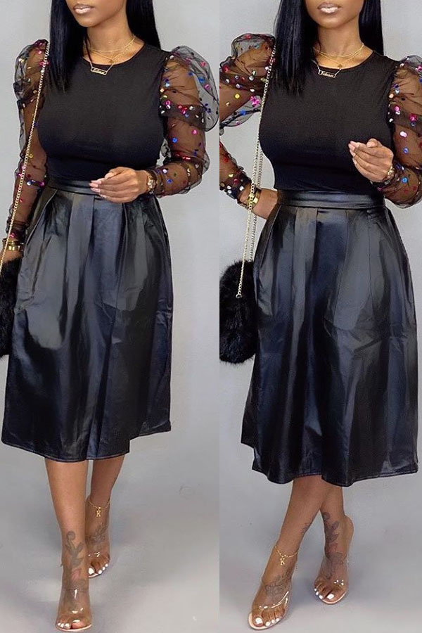 

Lovely Street Patchwork Black Two-piece Skirt Set