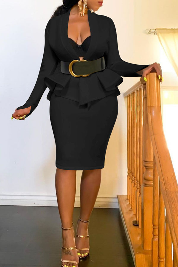 

Lovely Work V Neck Flounce Design Black Two-piece Skirt Set