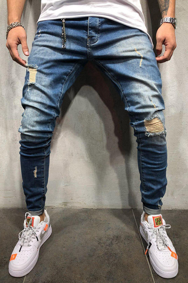 Lovely Casual Broken Holes Deep Blue Jeans