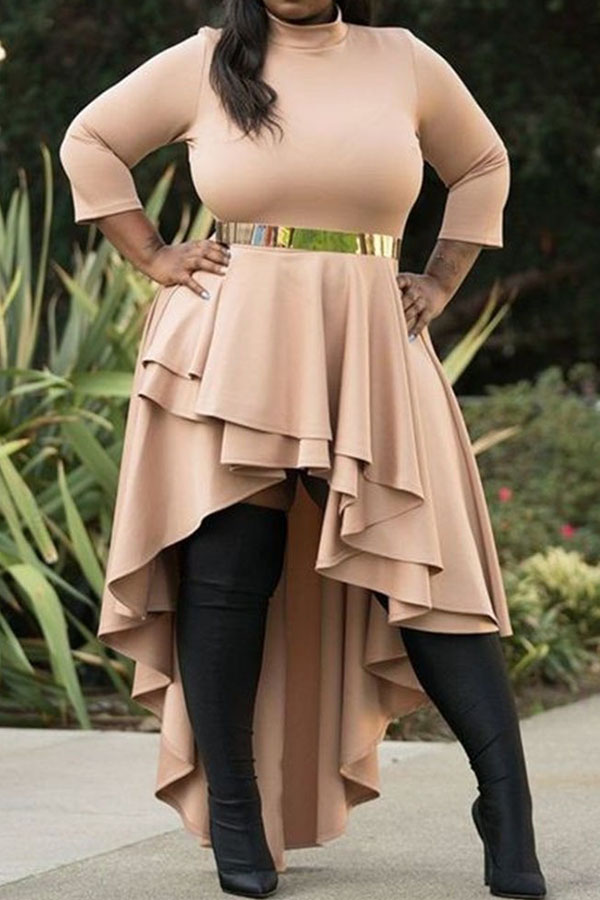 Cheap Plus Size Dress Lovely Trendy Flounce Design Apricot Ankle Lengt