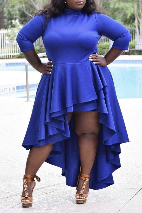 Cheap Plus Size Dress Lovely Trendy Flounce Design Blue Ankle Length P