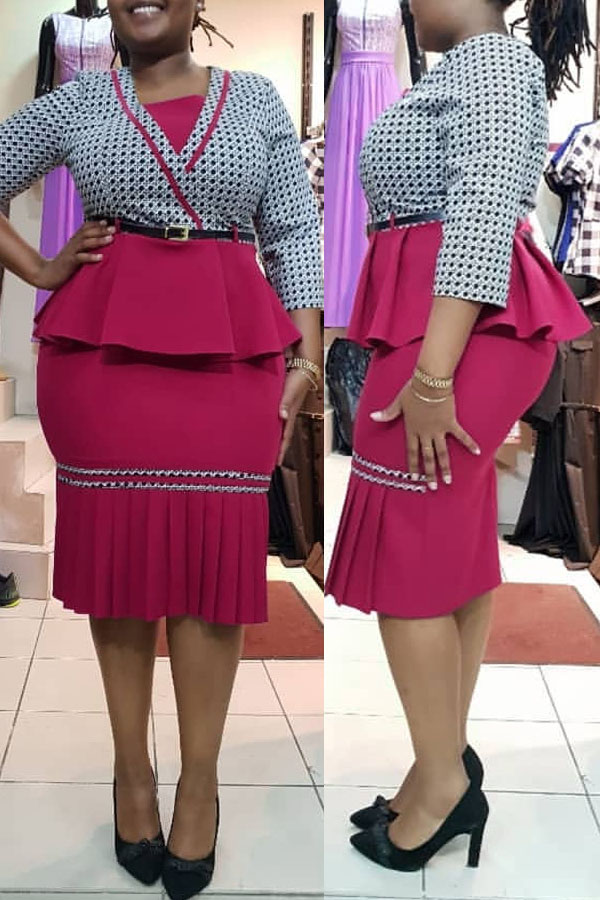 

Lovely Casual Patchwork Rose Red Plus Size Two-piece Skirt Set