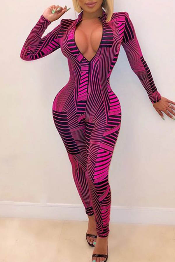 

Lovely Trendy Geometric Printed Rose Red One-piece Jumpsuit