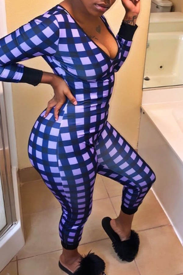 

Lovely Trendy Plaid Printed Blue One-piece Jumpsuit