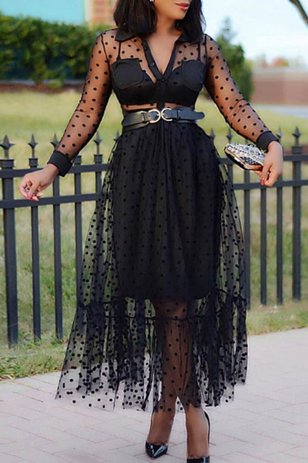 Lovely Sweet See-through Black Ankle Length Dress(Without Belt)