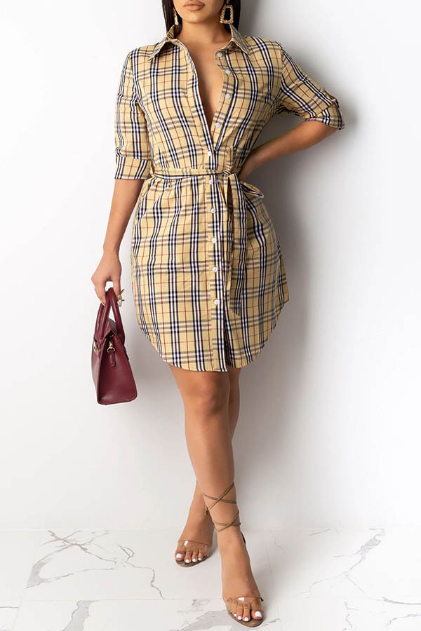 

Lovely Casual Plaid Printed Khaki Mini Dress