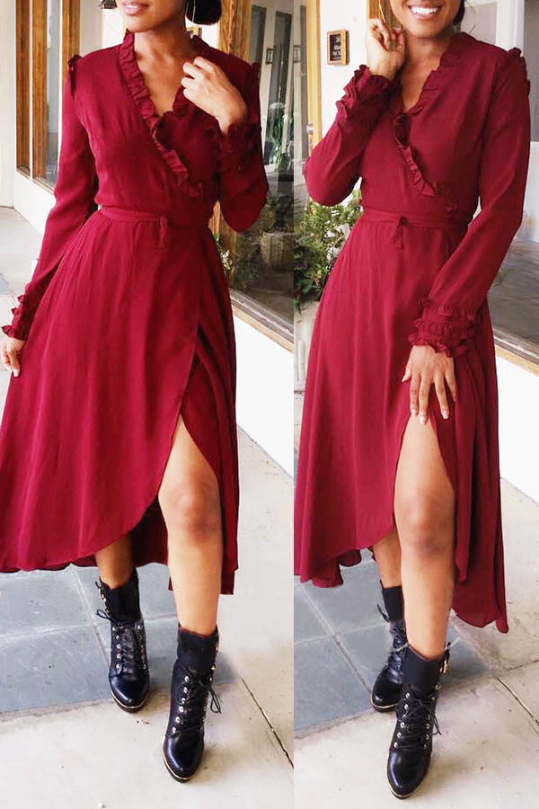 

Lovely Sweet V Neck Side Slit Wine Red Mid Calf Dress