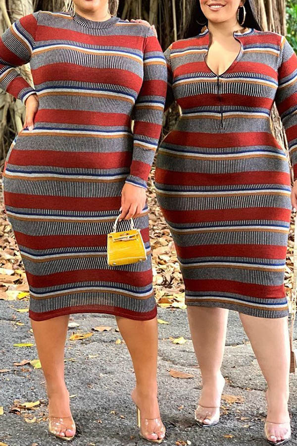 

Lovely Casual Striped Multicolor Mid Calf Plus Size Dress, Multicolor mstn