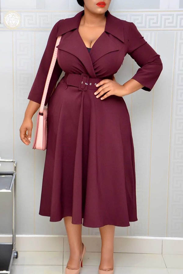 

Lovely Casual V Neck Wine Red Mid Calf Plus Size Dress