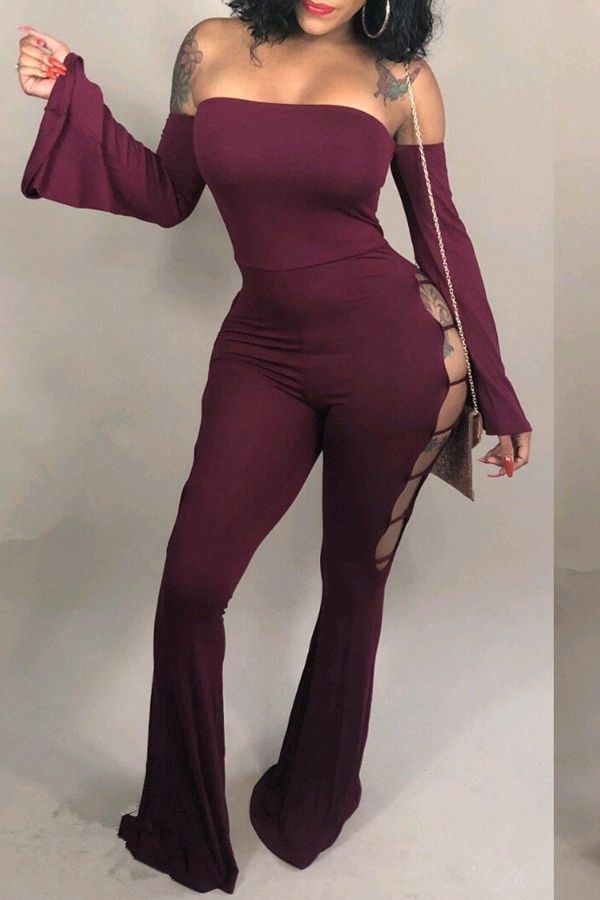 

Lovely Sexy Hollow-out Wine Red One-piece Jumpsuit