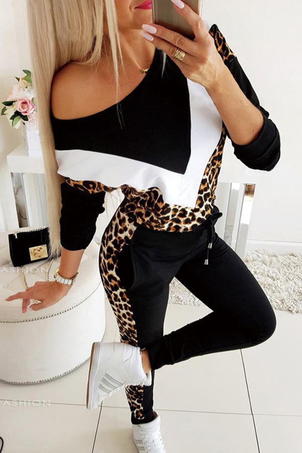 

Lovely Casual Patchwork Leopard Printed Black Two-piece Pants Set