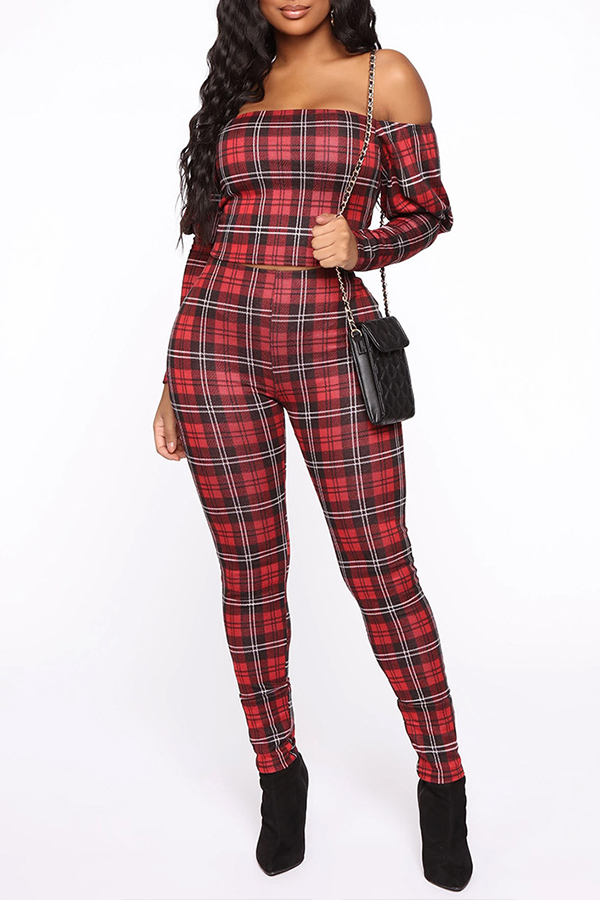 

Lovely Street Plaid Printed Red Two-piece Pants Set