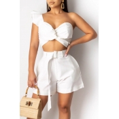 Lovely Casual One Shoulder White Two-piece Shorts 