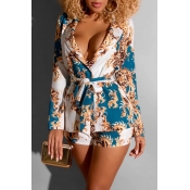 Lovely Work Turn-back Collar Printed Blue Two-piec