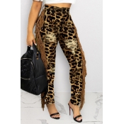 Lovely Casual Tassel Design Leopard Printed Jeans