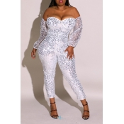 Lovely Sexy Sequined Silver Plus Size One-piece Ju