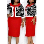 Lovely Casual Printed Red Knee Length Plus Size Dr