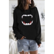 Lovely Casual O Neck Printed Black Hoodie