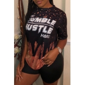 LW Hustle Letter Print Tie-dye Shorts Set