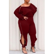 Lovely Casual Zipper Design Wine Red Plus Size One