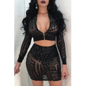 Lovely Sexy Sequined Black Two-piece Skirt Set