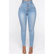 Lovely Casual Button Design Baby Blue Jeans