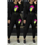 Lovely Casual Lip Printed Black Two-piece Pants Se