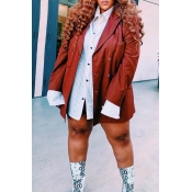 Lovely Casual Turn-back Collar Brown Plus Size Coa