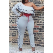 Lovely Casual One Shoulder Flounce Grey Plus Size 
