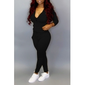 LW Hooded Collar Black Pants Set