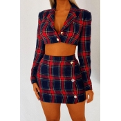 Lovely Work Turn-back Collar Plaid Printed Red Two